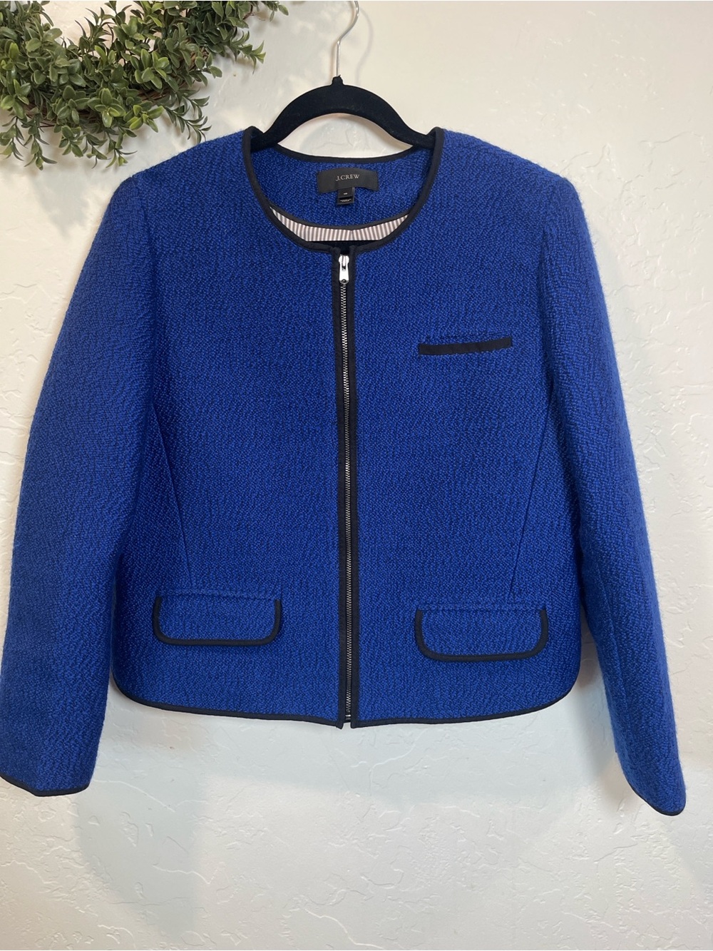 J Crew Boucle Jacket Blue Textured Blazer Zip Front Career Chic Womens